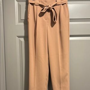 Express Tan Ankle Cropped Pants with Paper-bag Waist